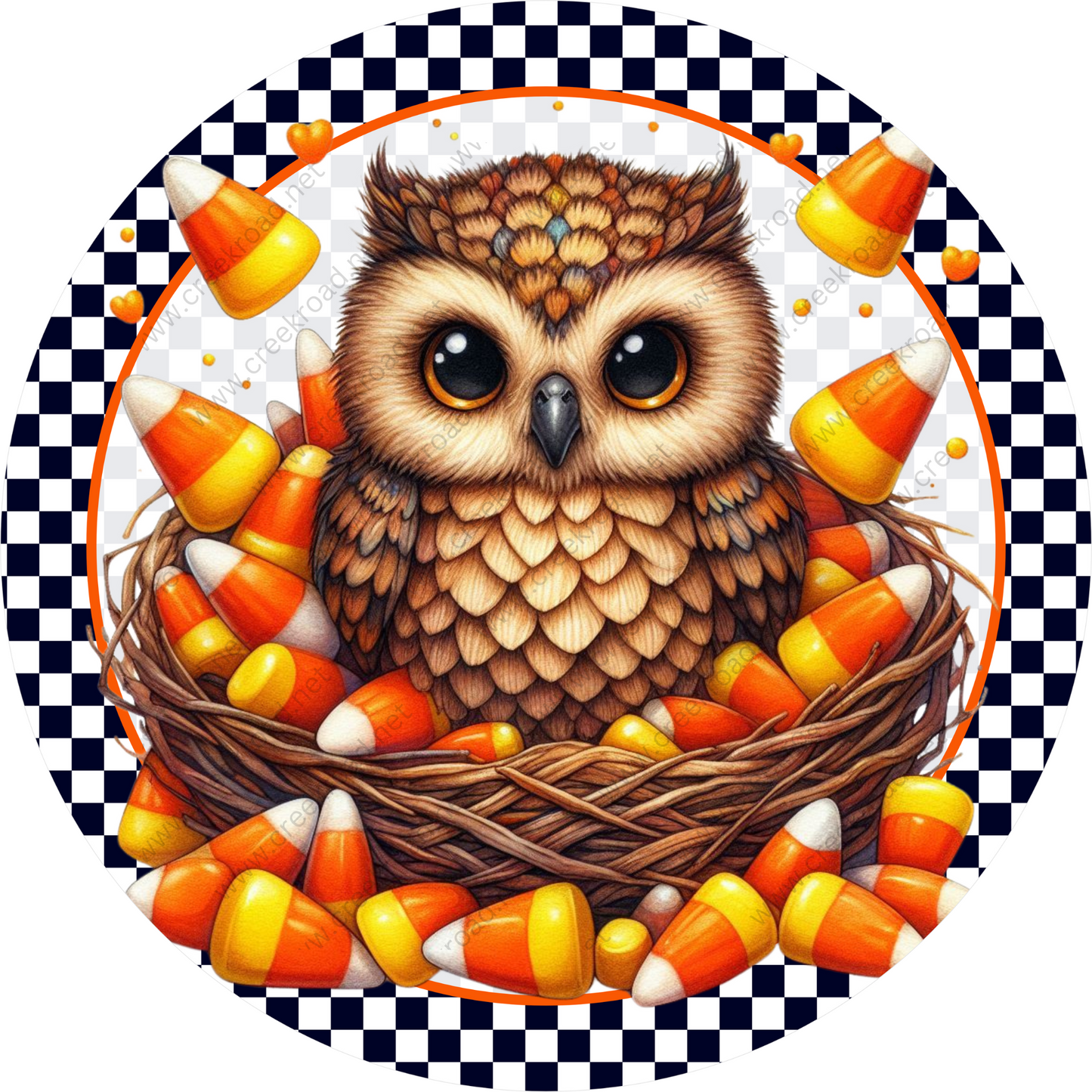 an owl sitting in a nest with candy corn