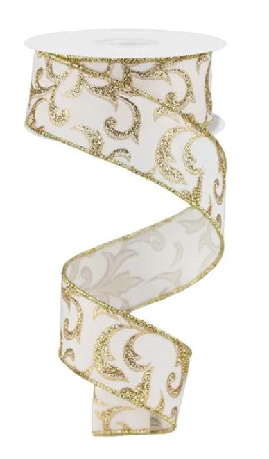 A gold and white decorative ribbon with a repeating floral pattern.