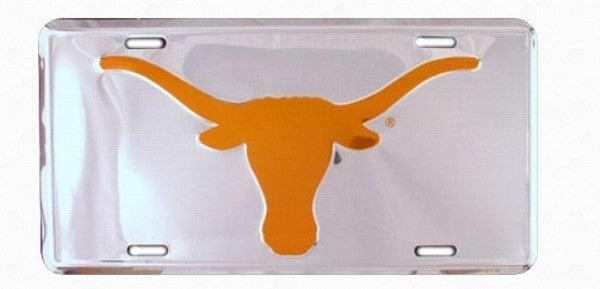 A clear license plate with an orange bull's head logo printed on it.