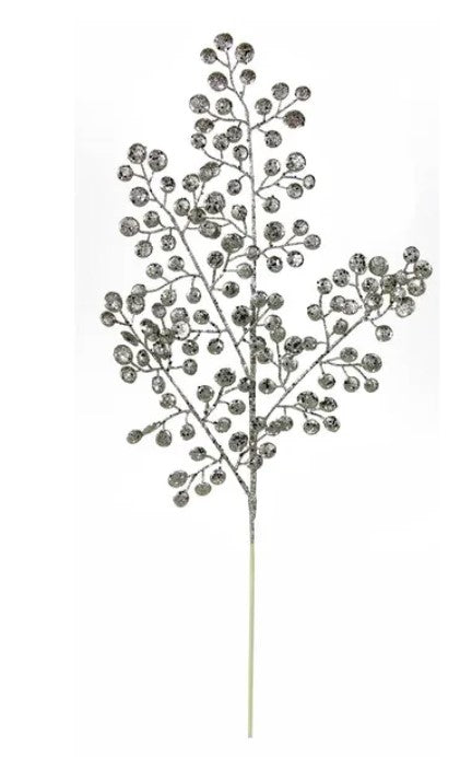 A decorative branch made of small, round, metallic or crystal-like elements, resembling a plant or tree.
