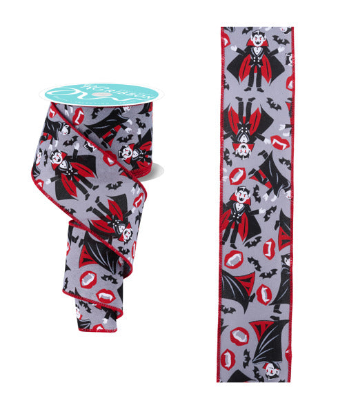 a gray ribbon with a repeating pattern of bats and vampire characters, including Dracula and bats.