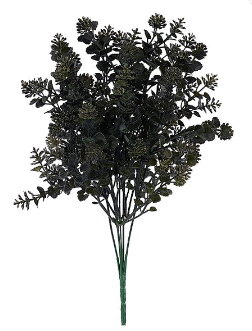 A dark green artificial plant with numerous small leaves and branches, creating a dense, leafy appearance.