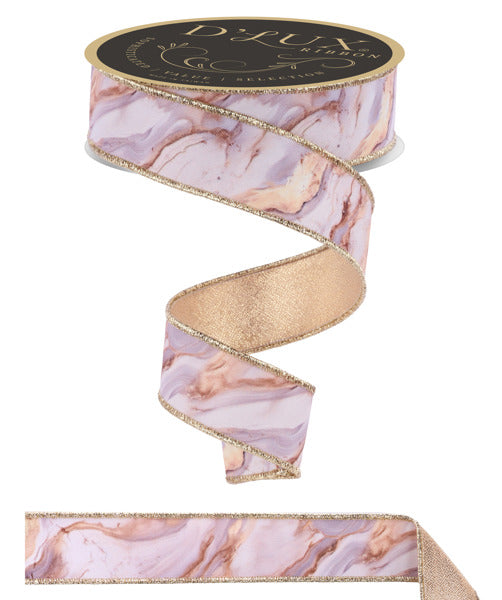 A decorative ribbon with a marble pattern in shades of pink and gold.