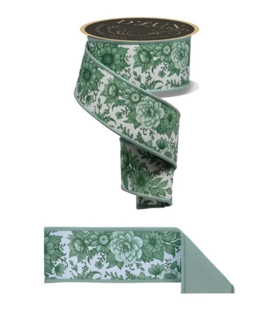 a floral patterned ribbon with a green and white color scheme.