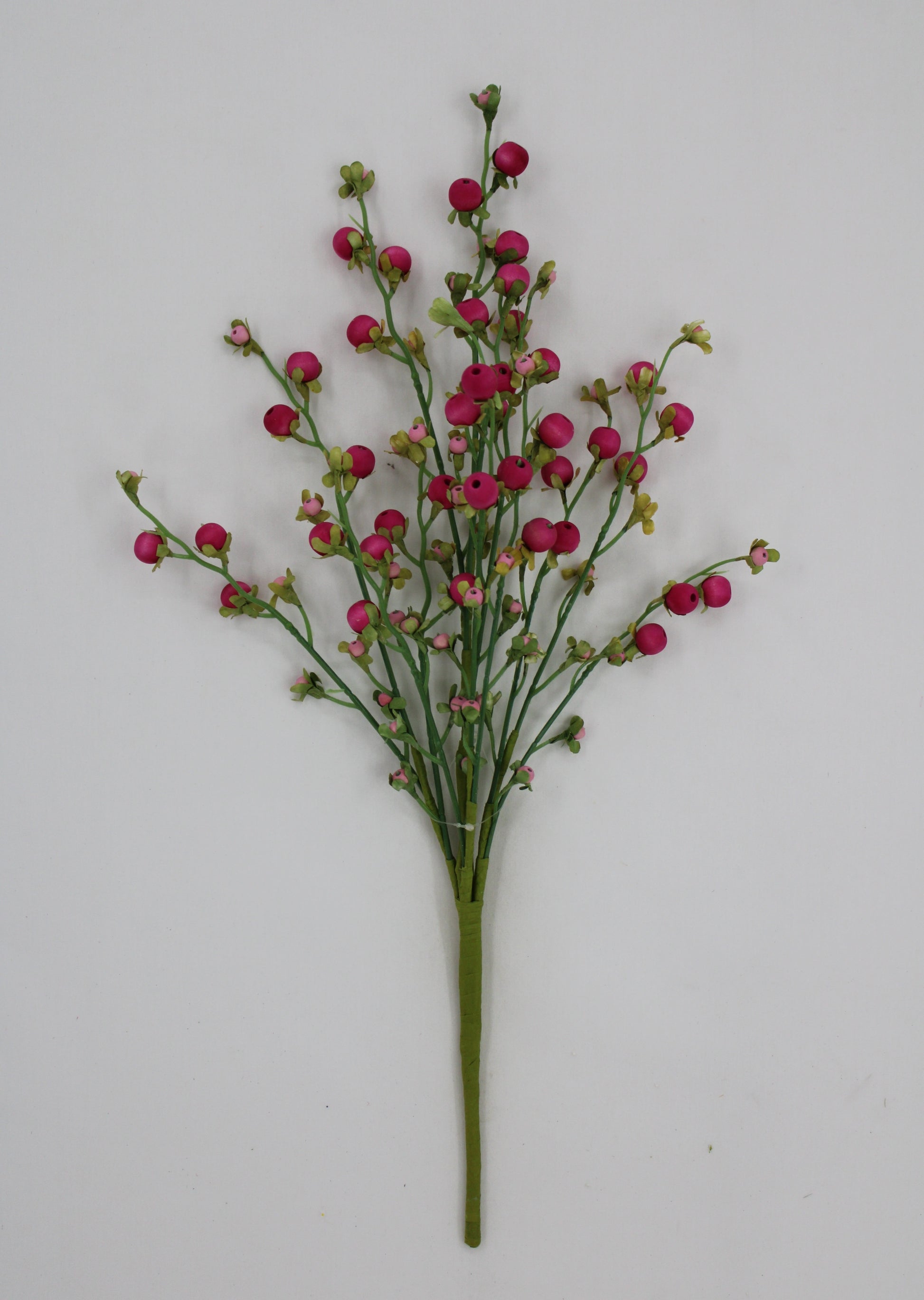 A bouquet of small pink flowers with green stems is displayed against a white background.