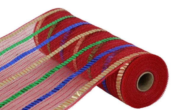 A roll of red, green, and blue metallic mesh or ribbon is shown in the image.