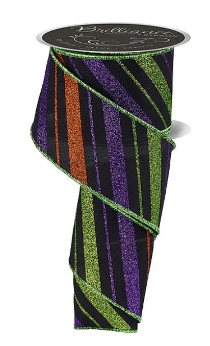 a spiral-shaped ribbon with a mix of purple, green, and orange stripes.