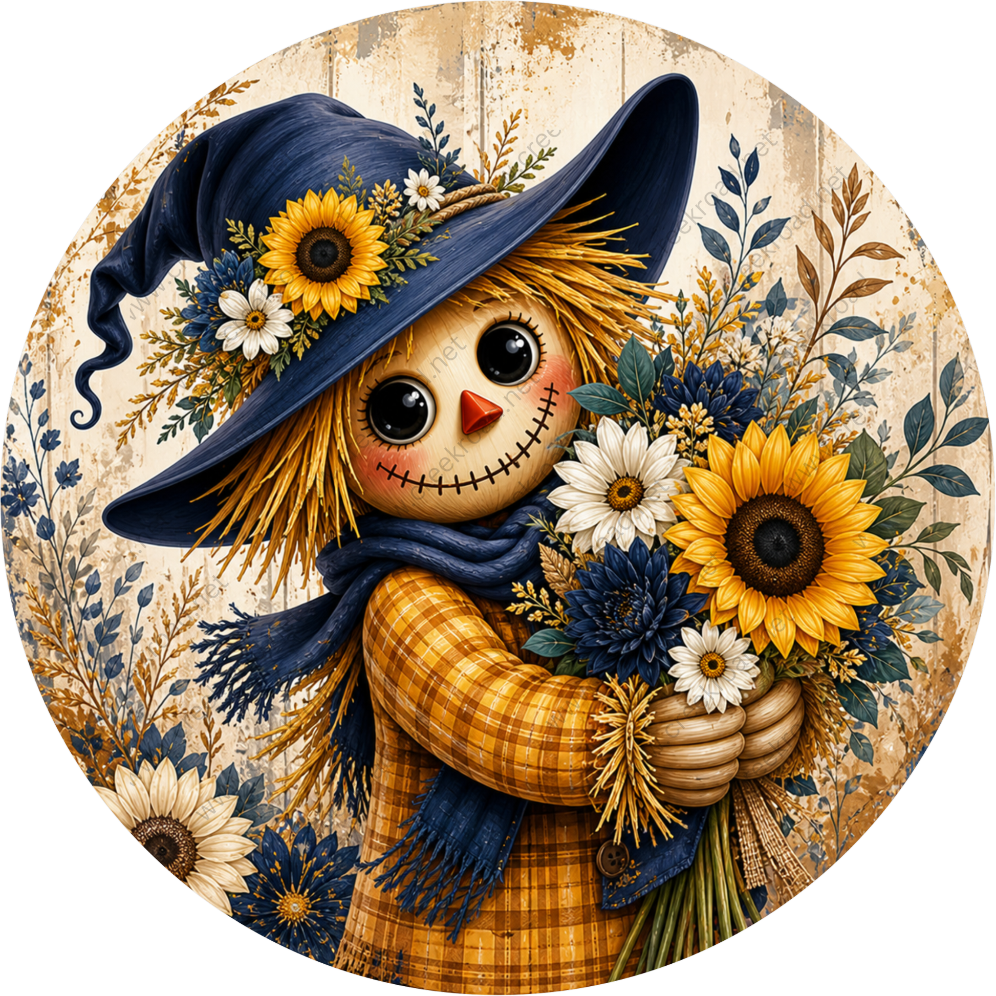 A cheerful scarecrow holding a bouquet of sunflowers and other flowers, wearing a hat and scarf, against a rustic background.