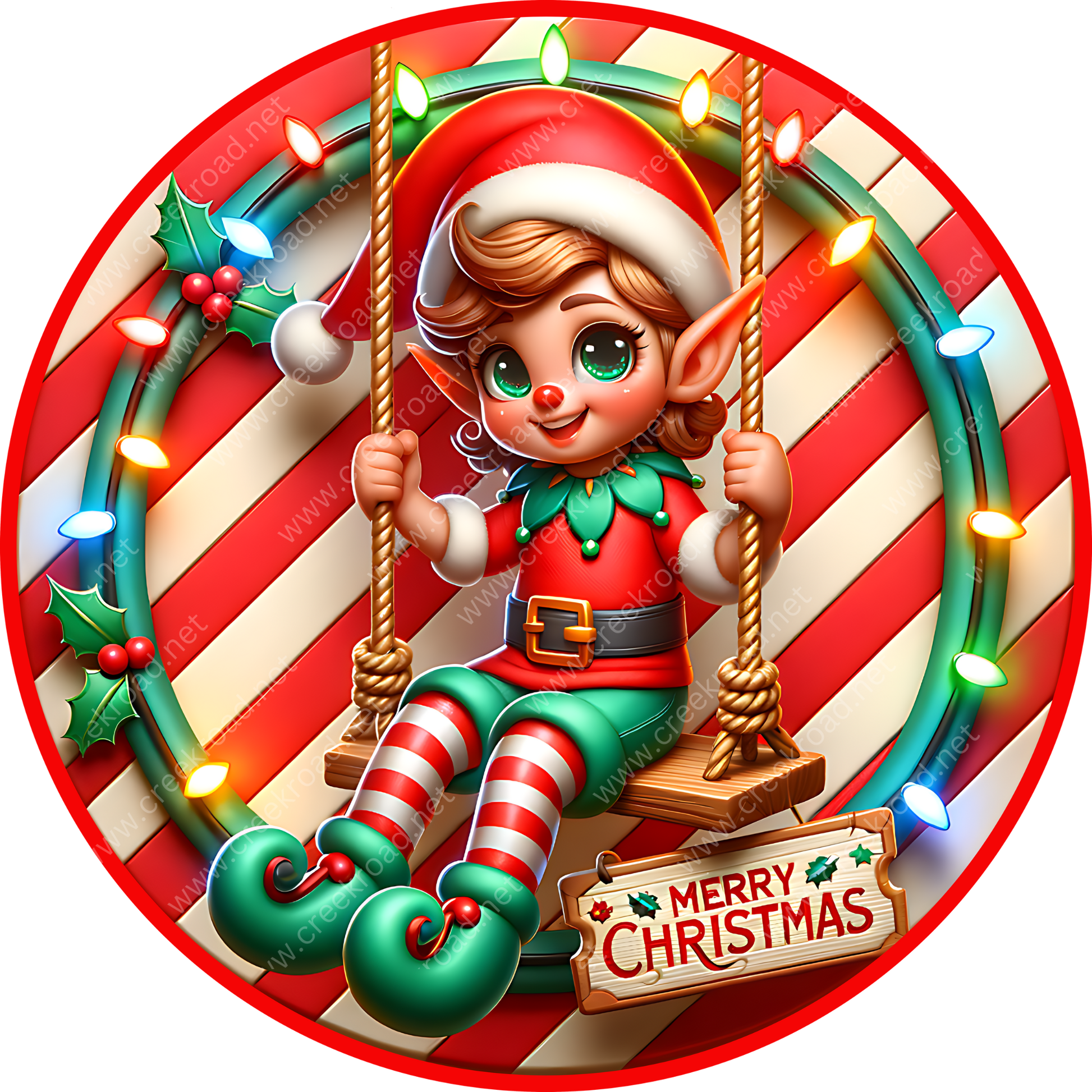 A cheerful Christmas-themed illustration featuring a smiling elf sitting on a swing, surrounded by festive decorations such as holly leaves, candy canes, and colorful lights.