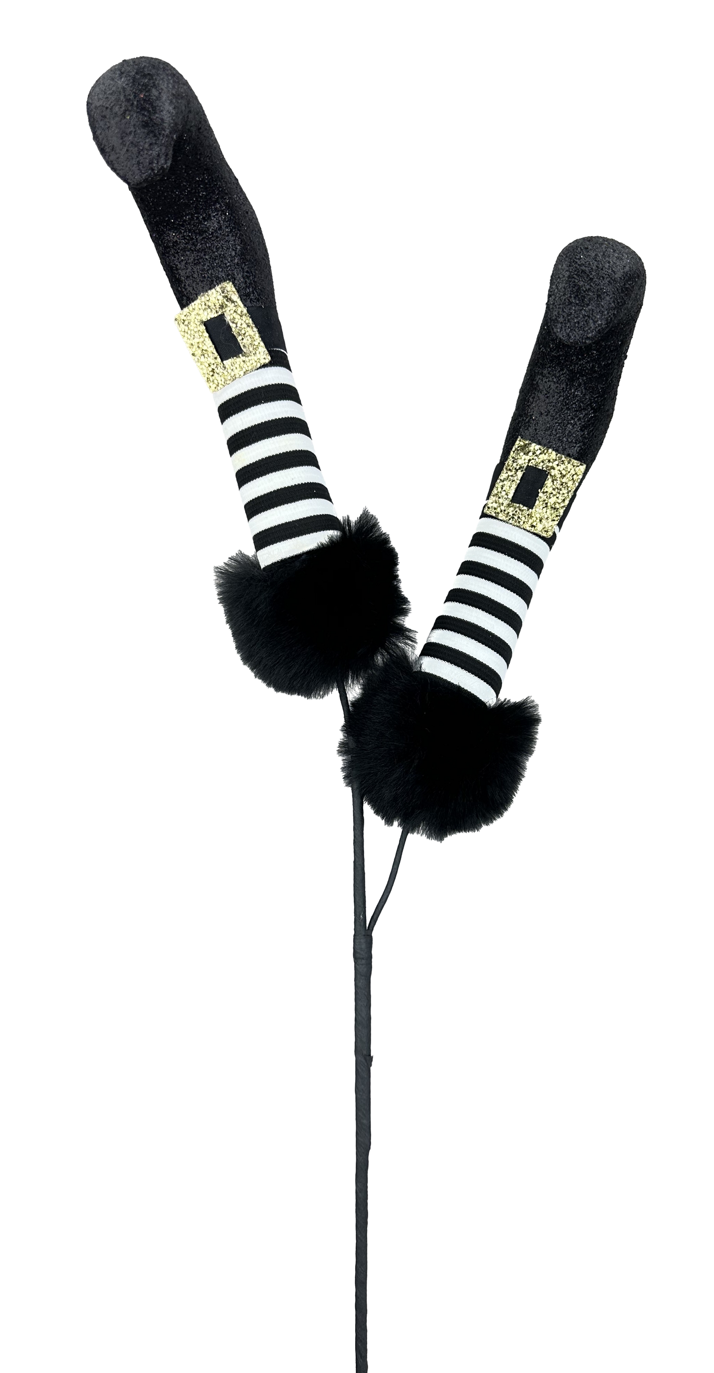 A pair of black and white striped witch's legs with gold buckles, standing on a black pole.