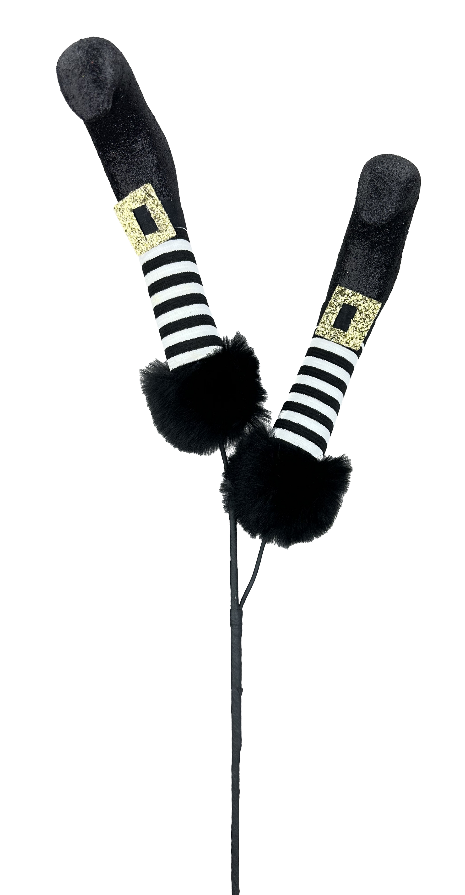 A pair of black and white striped witch's legs with gold buckles, standing on a black pole.