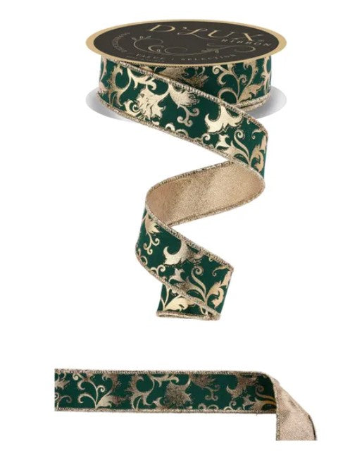 a decorative green and gold ribbon with a floral pattern.