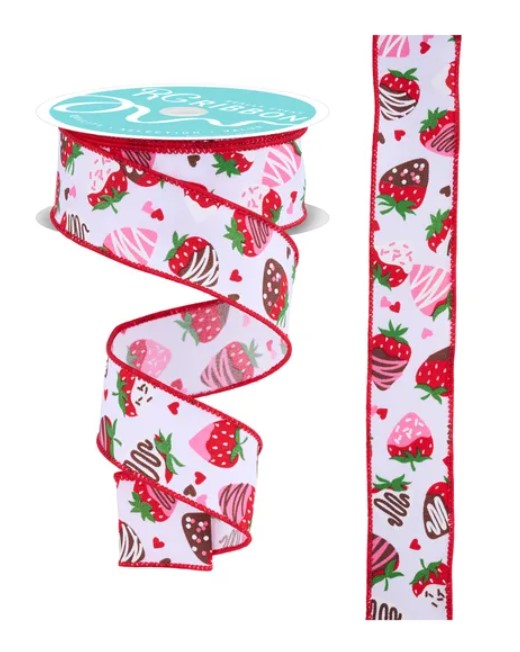 a ribbon with a strawberry pattern, including chocolate-covered strawberries and hearts.