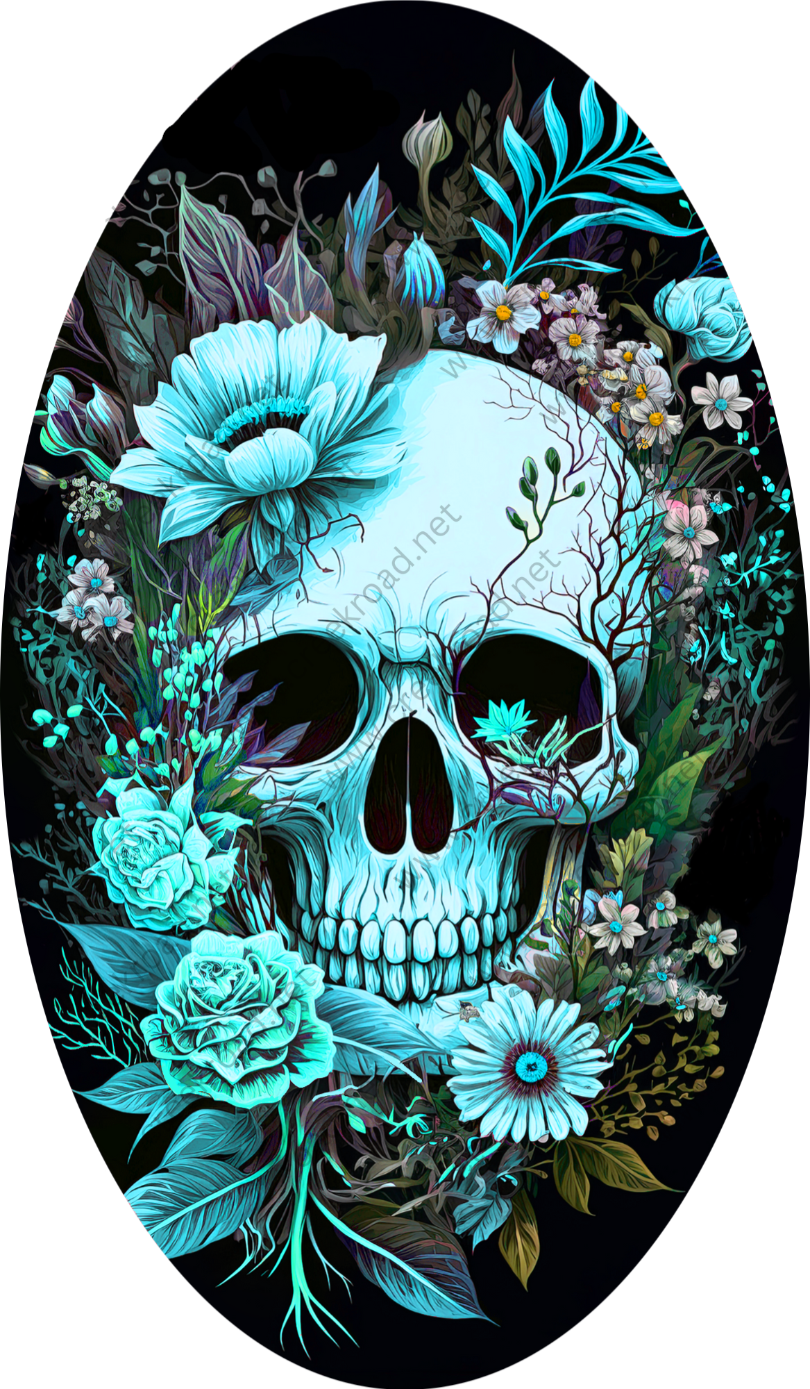 a painting of a skull surrounded by flowers