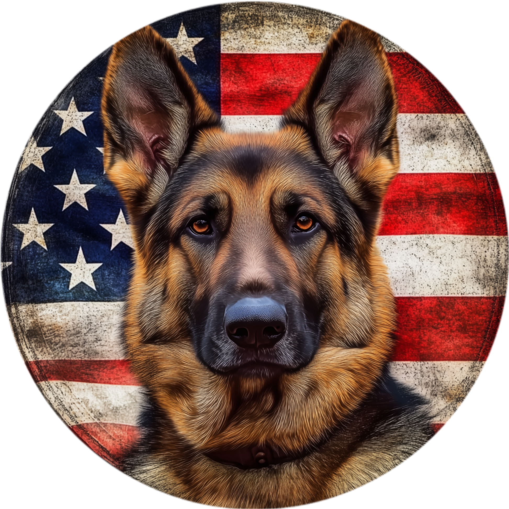 A German Shepherd dog with a patriotic American flag in the background.