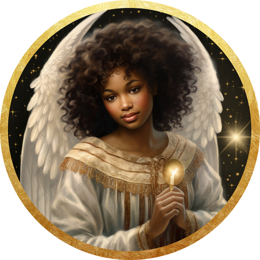 a young woman with curly hair, wearing a white robe and holding a lit candle.