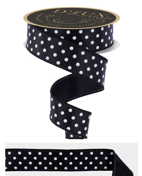 a black and white polka dot ribbon with a gold label.