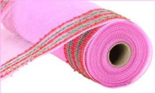 A roll of pink and red mesh material with a striped pattern.