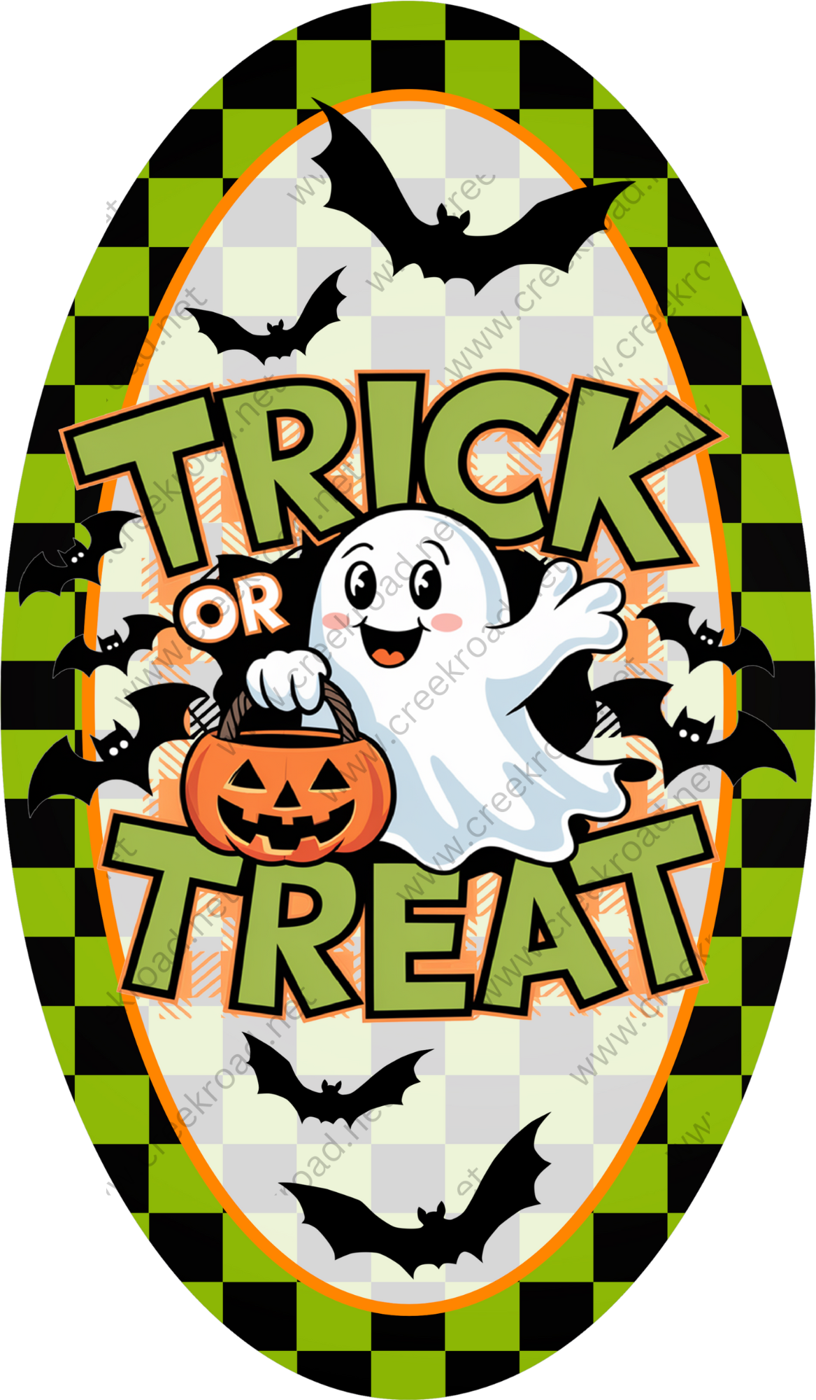 a trick or treat sticker with a ghost and pumpkin