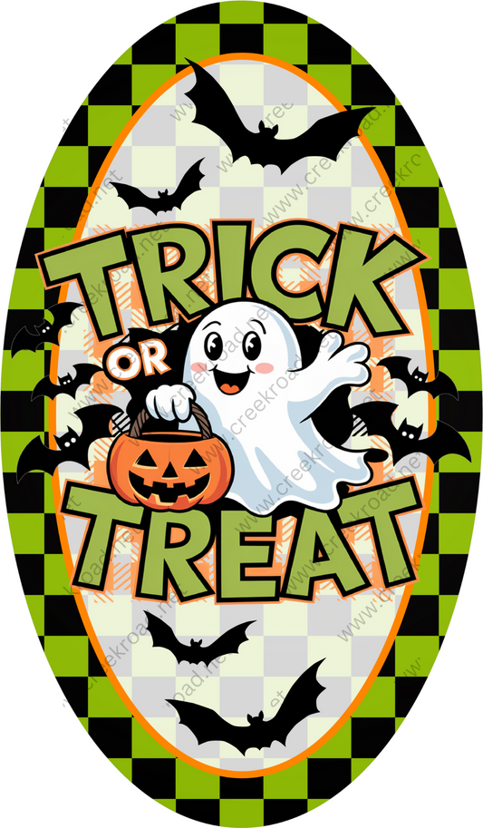 a trick or treat sticker with a ghost and pumpkin