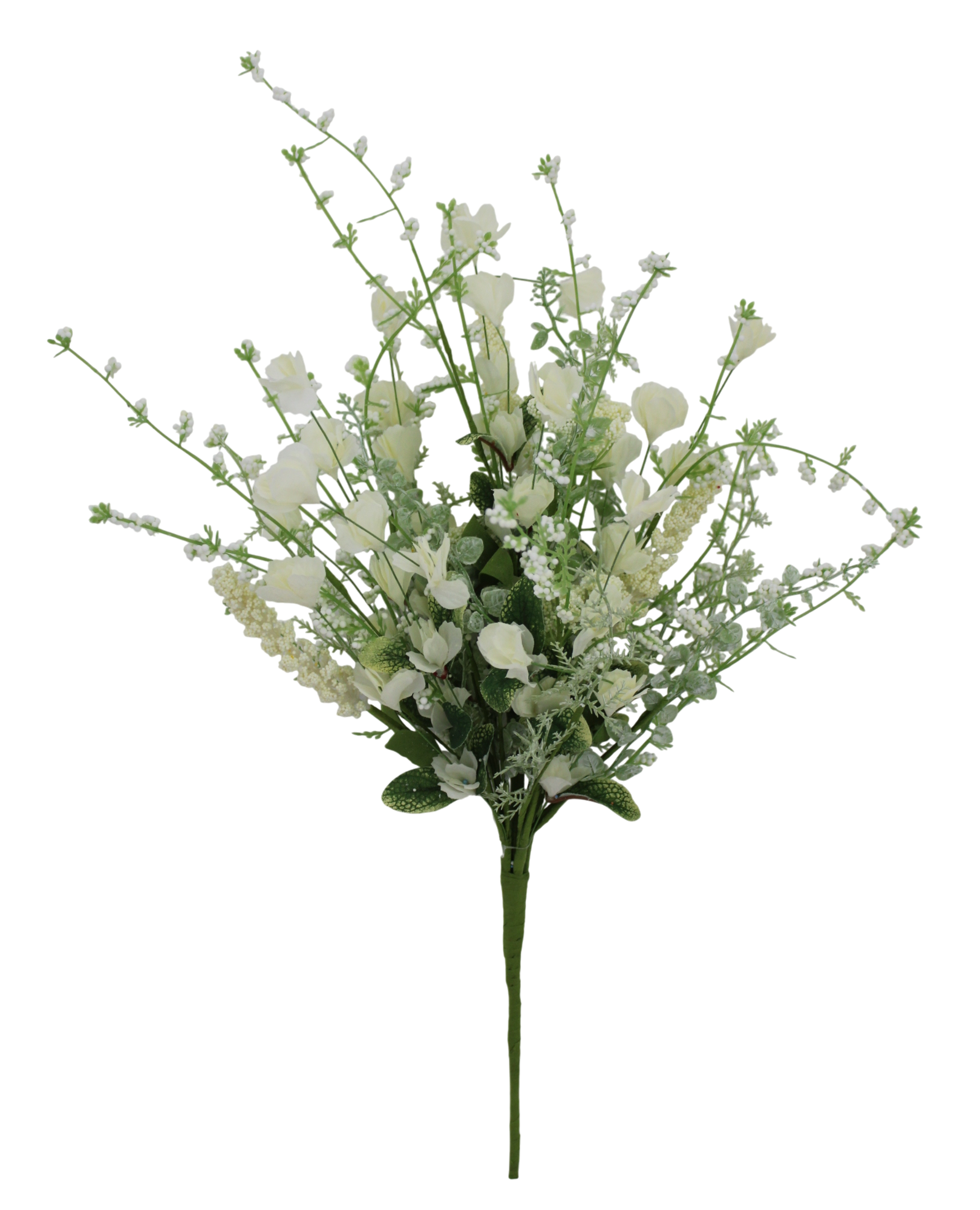 A bouquet of white flowers with green stems is displayed against a black background.