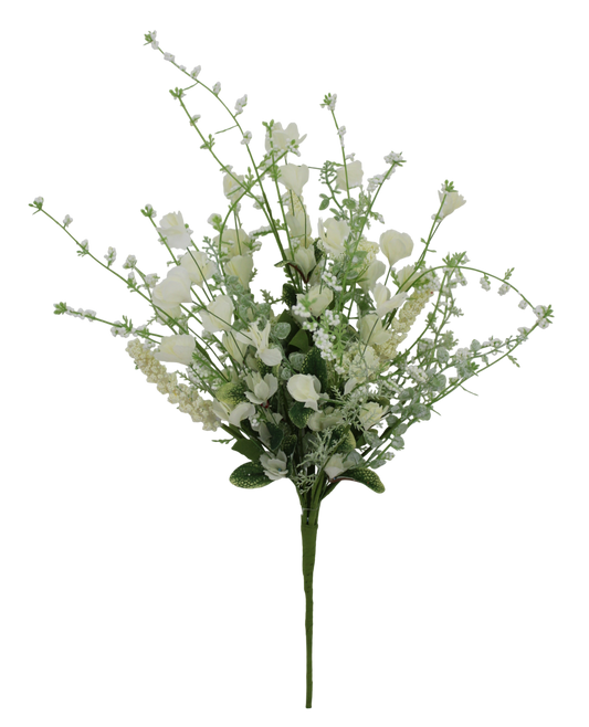 A bouquet of white flowers with green stems is displayed against a black background.