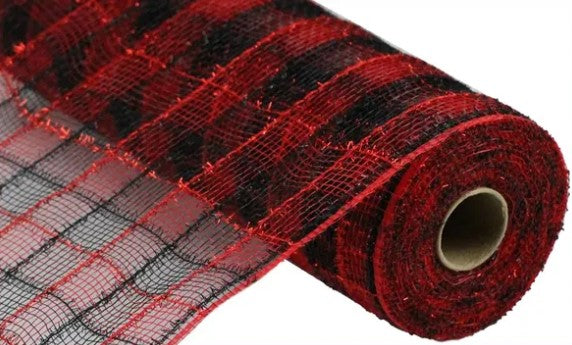 A roll of red and black checkered mesh material.