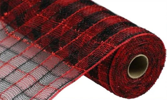A roll of red and black checkered mesh material.
