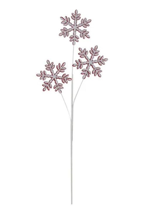 A white snowflake-shaped decoration with red accents, standing upright on a white background.