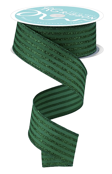 A roll of green and black striped ribbon with a silver glittery texture.