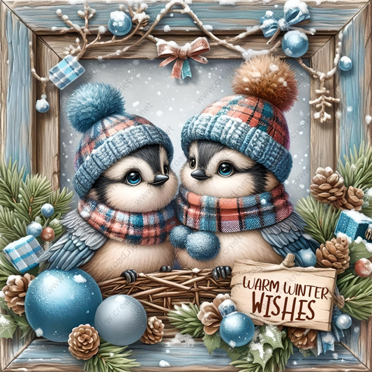 A pair of cute penguins wearing winter hats and scarves sit together in a wicker basket, surrounded by snow, pine branches, and Christmas decorations.