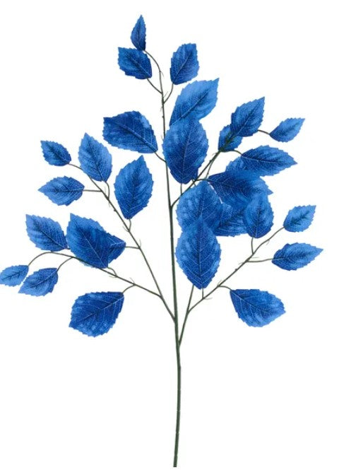 A branch with numerous blue leaves, creating a striking contrast against the white background.