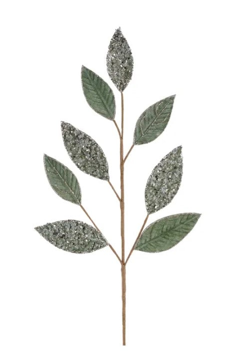 A branch with green leaves and small, glittery leaves attached to it.