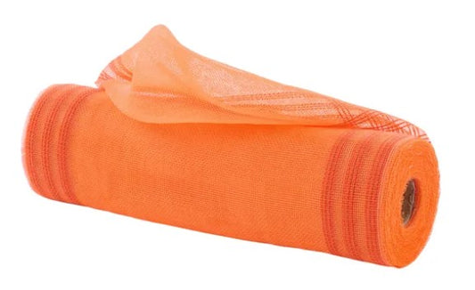 A roll of orange mesh or plastic material with a patterned design, lying on its side against a white background.