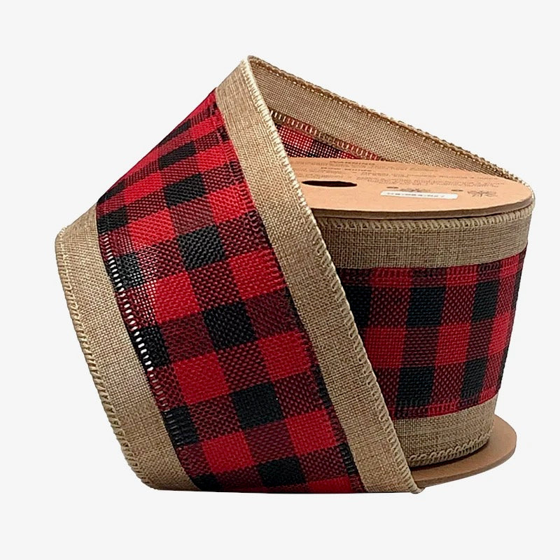 A spool of burlap ribbon with a red and black plaid pattern.