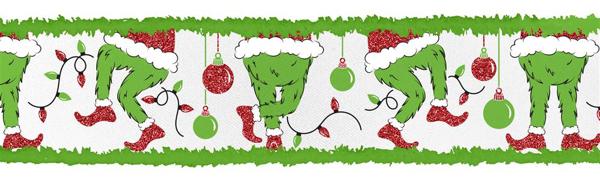 a christmas banner with green and red ornaments