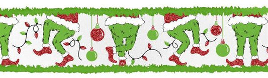 a christmas banner with green and red ornaments