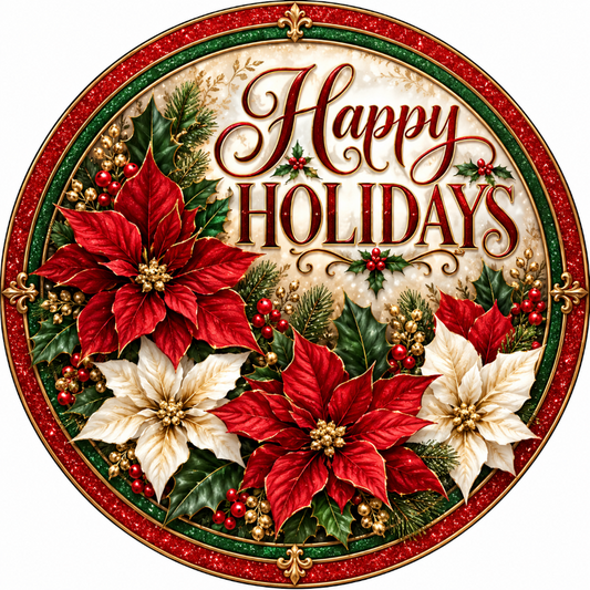 Happy Holidays Red White Poinsettia Wreath Sign