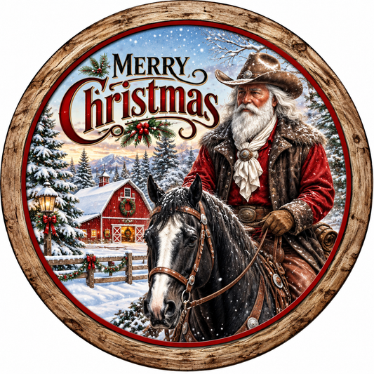 Merry Christmas Cowboy Santa on Horseback Wreath Sign