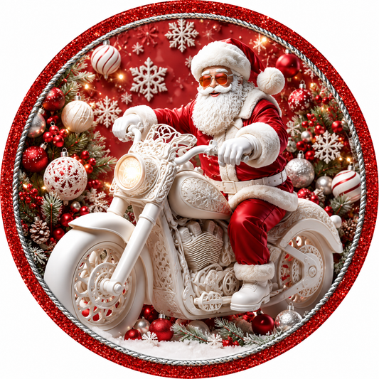 Holiday Santa Claus On Motorcycle Red Silver Glitter Border Wreath Sign-Sublimation-Round-Chistmas-Winter-Decor