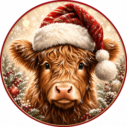 Christmas Highland Cow with Santa Hat Wreath Sign