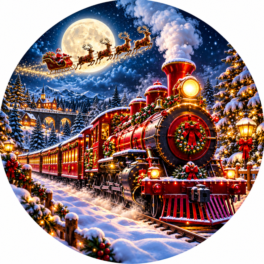 Christmas Train with Santa in Sky Wreath Sign