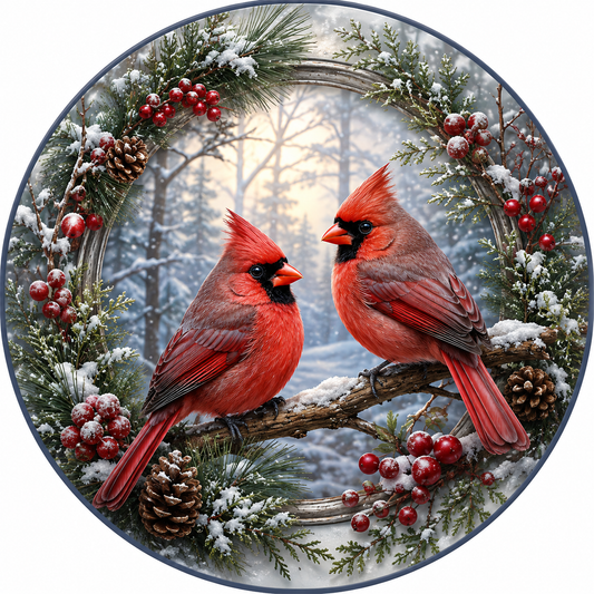 Red White Christmas Cardinals Wreath Sign-Sublimation-Round-Chistmas-Winter-Decor