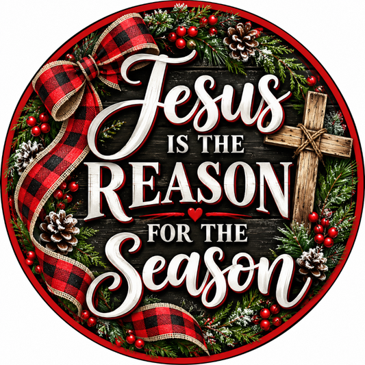 Jesus is the Reason for the Seaon Christmas Red Black Gingham Wreath Sign