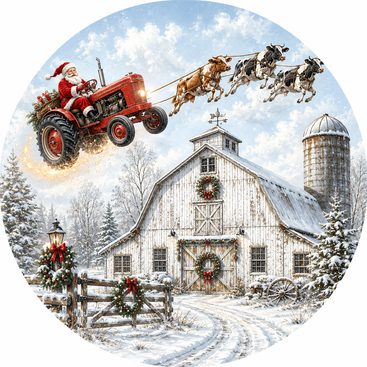 Santa Claus Tractor Sleigh with Cows Wreath Sign