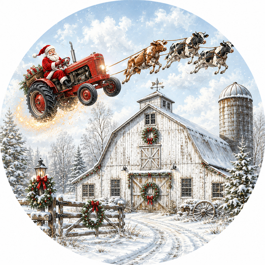 Santa Claus Tractor Sleigh with Cows Wreath Sign