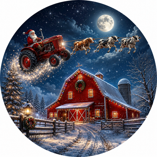 Santa Claus Tractor Sleigh with Cows on Rustic Wood Background Wreath Sign-Sublimation-Round-Chistmas-Winter-Decor