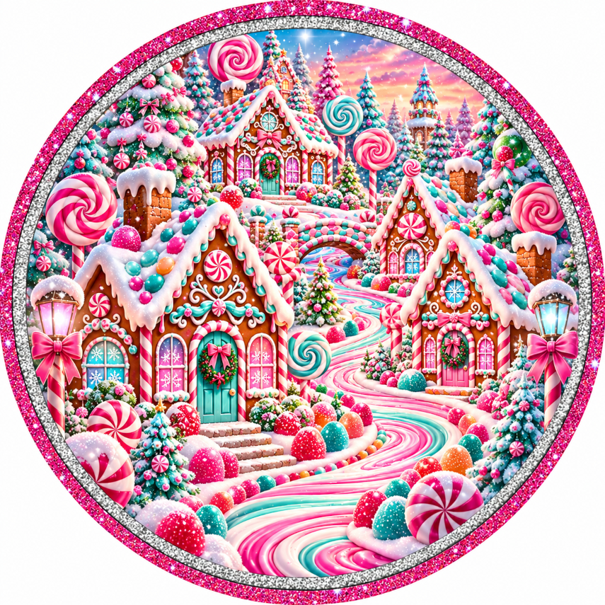 Pink Gingerbread Village with Pink Glitter Border Wreath Sign