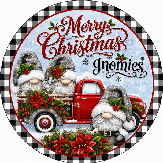 Merry Christmas Gnomies Red Truck Gnome Black White Gingham Wreath Sign