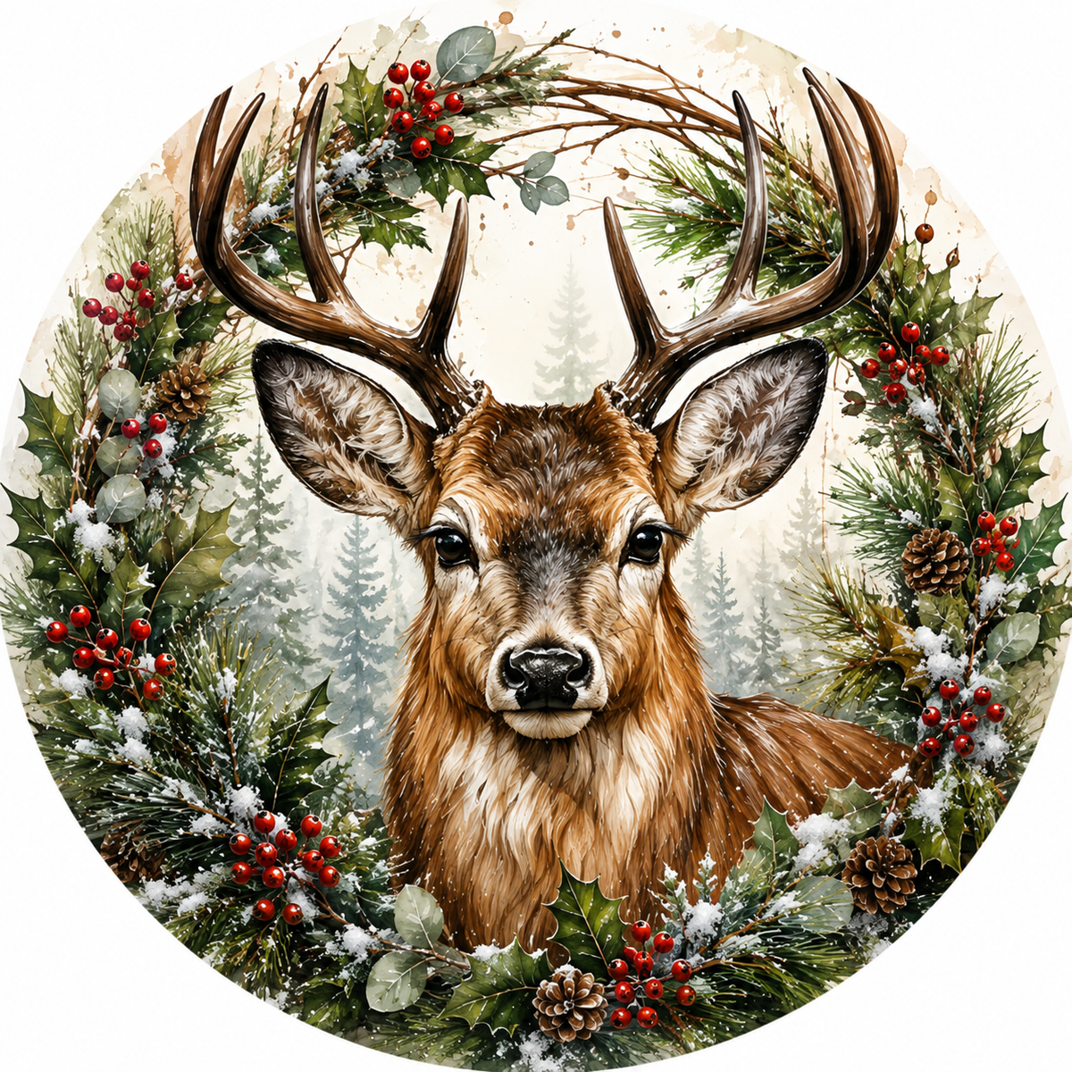 Christmas Deer Buck in Holly Wreath Sign-Sublimation-Round-Chistmas-Winter-Decor